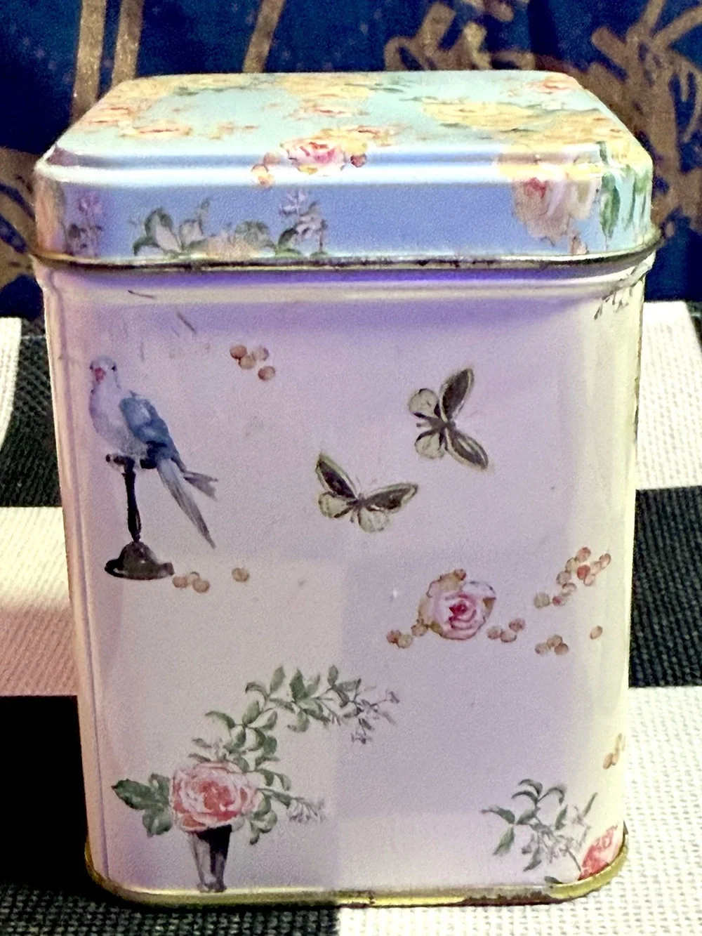 Vintage 1980s Botanical Cottage Core Metal Tin Flowers Butterflies Birds